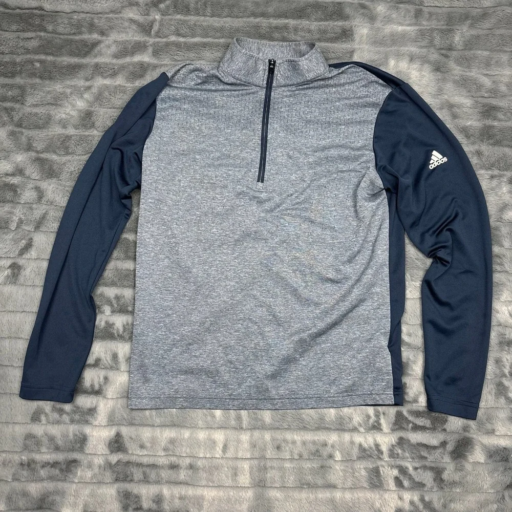 Adidas Mens Quarter Zip Pullover Grey Navy Blue Heathered Performance Top Small